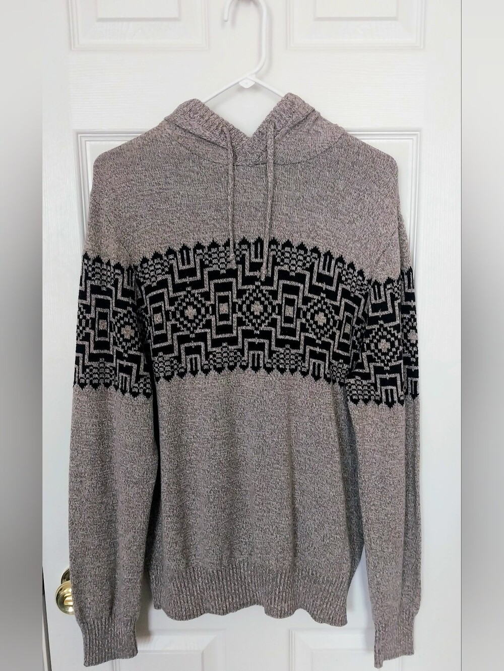 Urban Pipeline Mens Large Knit Hoodie Sweater Heather Tan Black Aztec Geometric